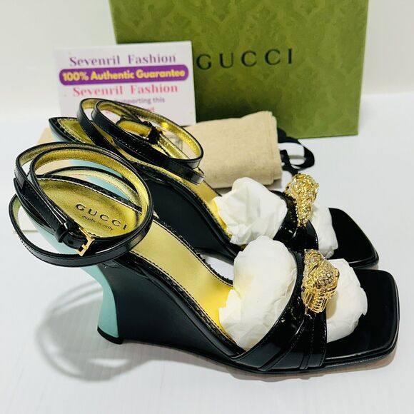 Gucci 37/ US 7 Two-Toned Dora Embellished Crystal Wedge Black Sandals NIB $1,250 - Picture 6 of 12